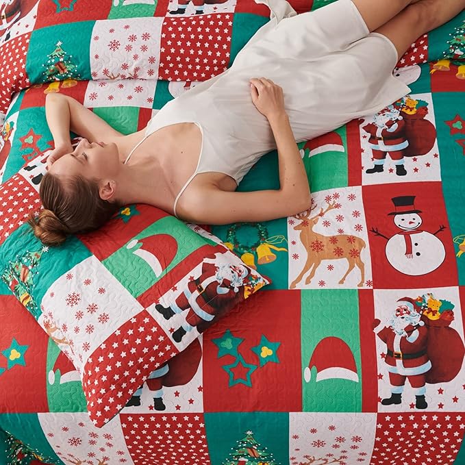 Rustic Plaid Patchwork Christmas Twin Size Bedding Set - Lightweight Reversible Bedspread & Quilt - Cabin Home Decor