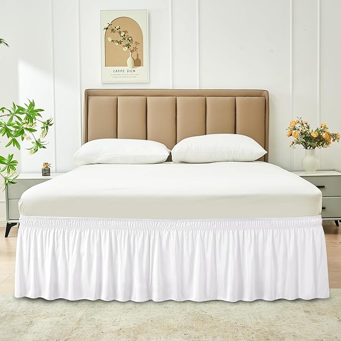Biscaynebay Wrap Around Bed Skirts for Queen Beds 22" Long Drop, White Adjustable Elastic Dust Ruffles Easy Fit Wrinkle Resistant Silky Luxurious Fabric Machine Washable