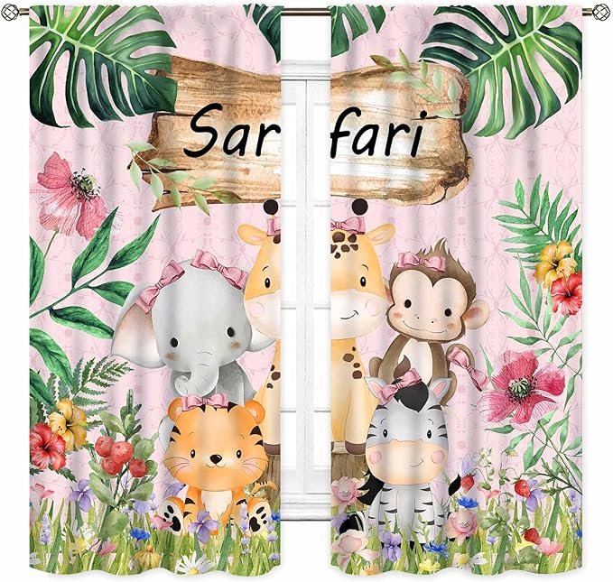 Kids Safari Animals Curtains, Cartoon Giraffe Elephant Monkey Woodland Jungle Tropical Leaf Pink Window Curtains for Boys Girls Baby Living Room Bedroom Nursery Classroom 2 Panels, 84"x84" Inch