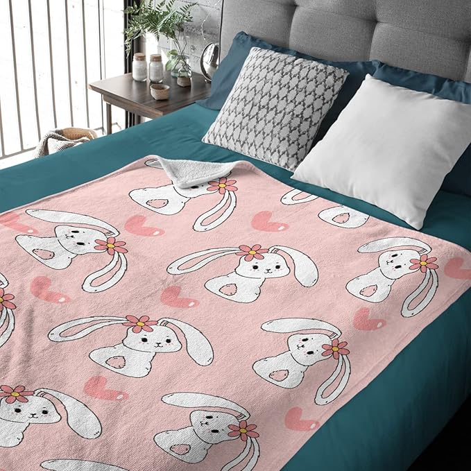 Thuswarm Cute Bunny Pink Flannel Throw Blanket Gifts Warm Cozy Soft Funny Print Blankets for Summer Room Decoration Bed Couch Sofa 60”×50” Medium for Teen
