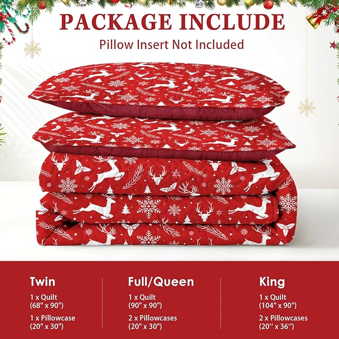 Christmas King Size Quilt Set, White Funny Reindeer Lightweight Bedspread Coverlet with Pillow Shams for Kids and Adults, Winter Snowflake Plants 3 Pcs Bedding Bed Cover
