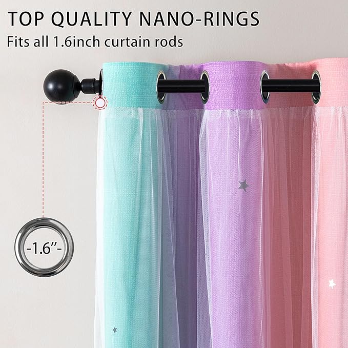 XiDi Girls Blackout Curtains 102 Inches Long for Bedroom, Room Darkening Grommet Window Ombre Curtains 2 Panel Sets, Kids Unicorn Princess Theme Decor Colorful Rainbow Design Pink Purple Green 52x102