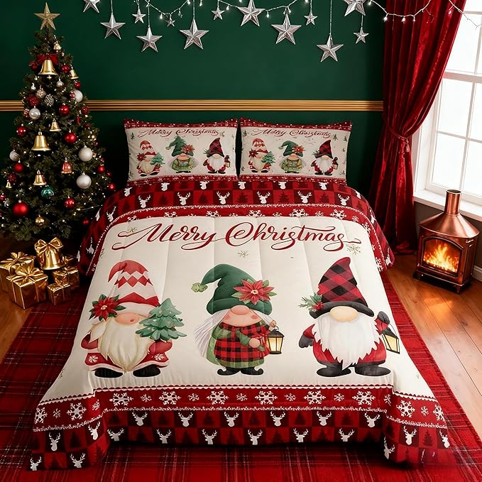 Merry Christmas Kids Comforter Set Twin Size,Deer Antler Santa Claus Bedding,Girls Boys Adults Bedroom/Xmas Cabin Decor,Snowflake Pine Trees Plaid Down Comforter,Rustic Duvet Insert,1 Pillowcase