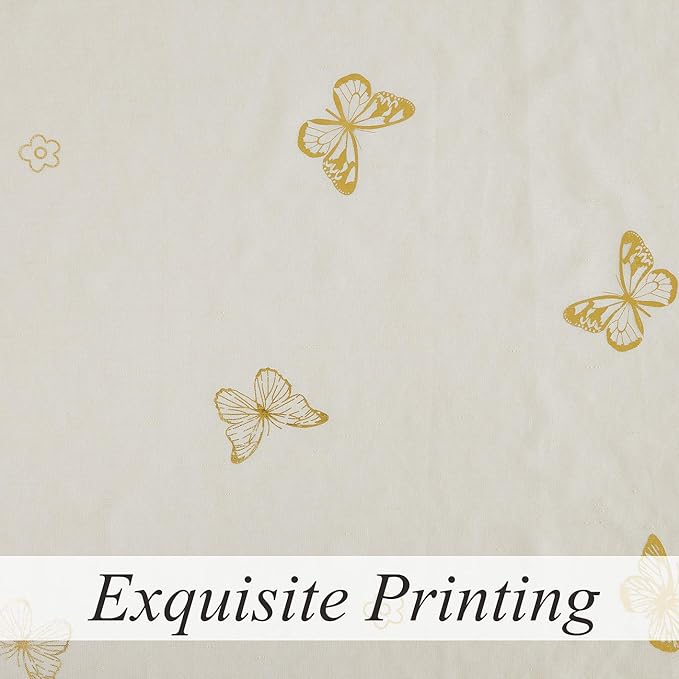 Jubilantex Butterfly Sheer Curtain Panels for Girls Nursery Bedroom, Toddler Gold Print Linen Textured Voile Farmhouse Rod Pocket Window Drapes 84 Inch for Kids Room, 2 Panels, Ivory/Beige