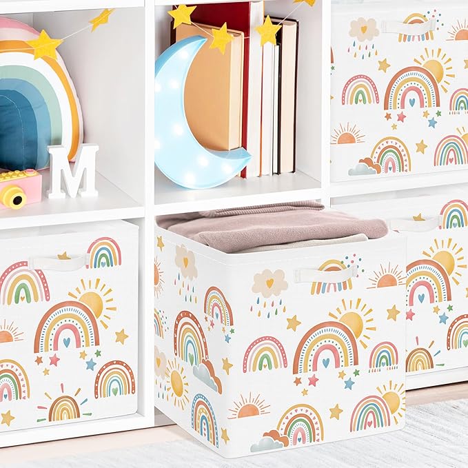 Clastyle Rainbow Kids Storage Cube Organizer Set Boho Closet Clothes Cube Storage Bin Nursery Toddler Toy Box Chest Boys Girls Book Shelf Basket,Sun,11.8x11.8x11.8 in