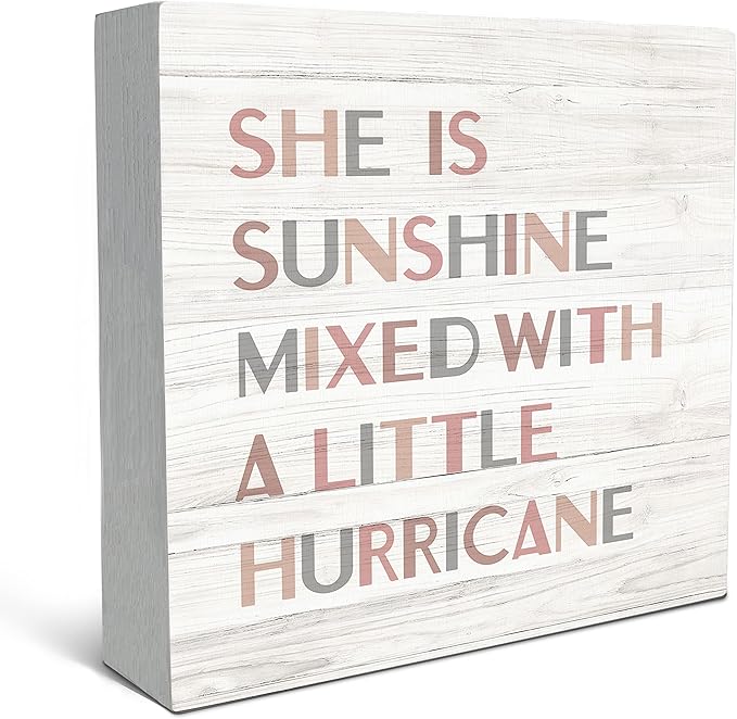 SRADMO She Is Sunshine Mixed with a Little Hurricane Boho Wood Box Sign Desk Decor, Baby Girls Inspirational Quotes Wooden Block Box Sign Decoration For Girls Room Nursery Playroom Shelf Table Decor