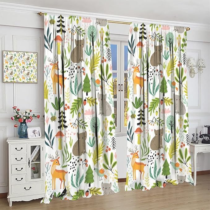 Cartoon Forest Kids Blackout Curtains,Cute Woodland Wild Animals Colorful Deer Plants Trees Print Pattern Thermal Insulation Window Drapes for Nursery Boys Girls Bedroom,White Background 72x63in