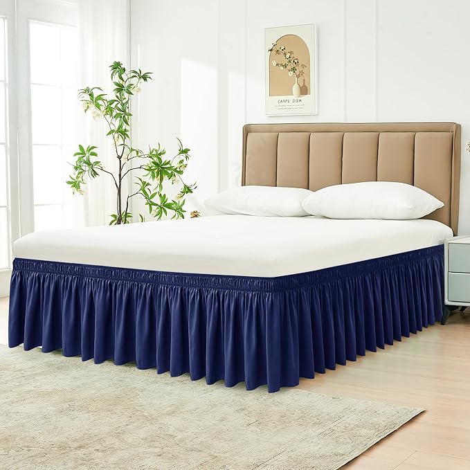 Biscaynebay Wrap Around Bed Skirts for Queen Beds 19" Long Drop, Navy Adjustable Elastic Dust Ruffles Easy Fit Wrinkle & Fade Resistant Silky Luxurious Fabric Solid Machine Washable