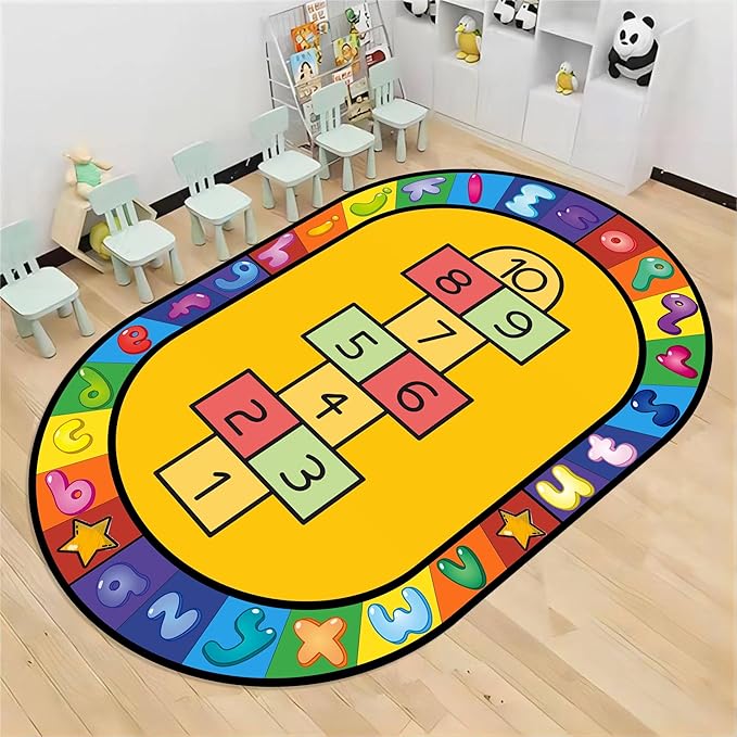 Kids Hopscotch Area Rug, 6x8ft, Playmat for Boys & Girls, Alphabets and Numbers Educational Learning & Fun Game Oval Rug, Soft Non-Slip Machine Washable Rug for Playroom Classroom Nursery