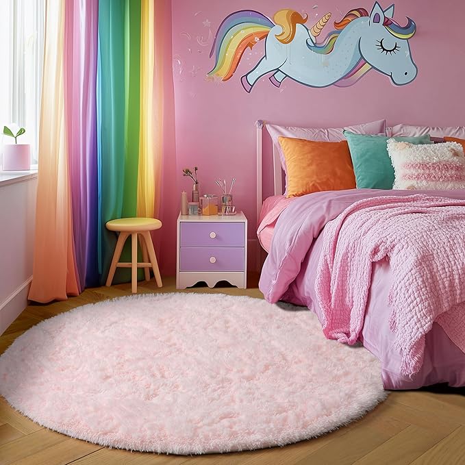 Amdrebio Light Pink Small Round Rug 3Ft for Girls Bedroom, Fluffy Circle Area Rugs for Kids Room Decor Aesthetic, Cute Shag Fuzzy Carpet for Nursery, Preppy Dorm, Classroom, Playroom, Teen, Baby