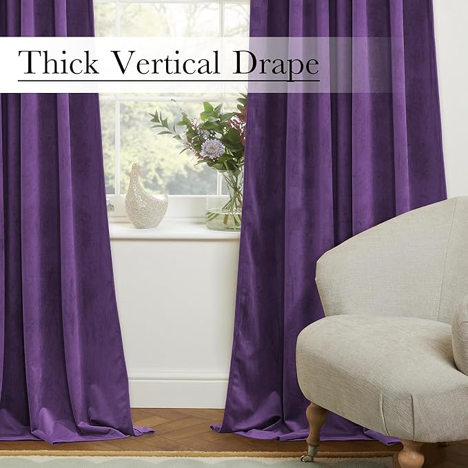 StangH Purple Velvet Curtains 96 inches, Room Darkening Super Soft Velvet Drapes for Living Room Bedroom, Thermal Insulated Window Treatment, 52 x 96 inch, 2 Panels