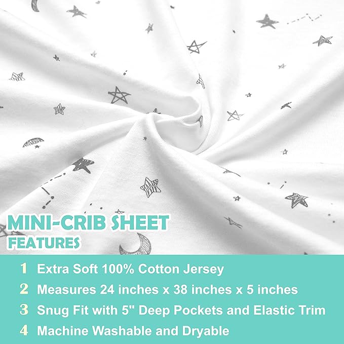 American Baby Company 2 Pack 100% Natural Cotton Fitted Mini Crib Sheets 38" x 24" - Soft & Breathable Small Nesting Portable Sheets, Fits Pack N Play Mattresses, Gray Stars and Gray, for Boys & Girls