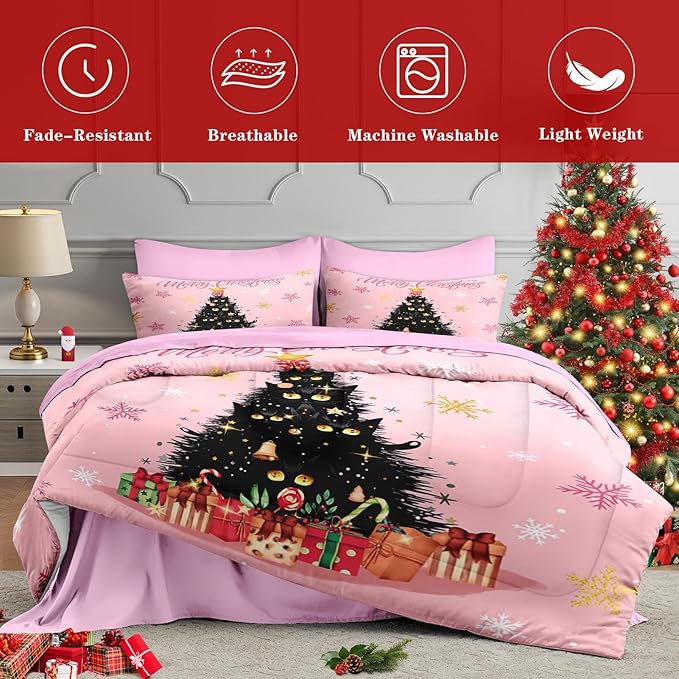 7 Pcs Full Size Christmas Comforter Set with 2 Pillowcases & 2 Shams, Black Cat Xmas Trees Bedding for Kids and Adults, Pink Snowflakes Bed in a Bag with Flat Fitted Sheet