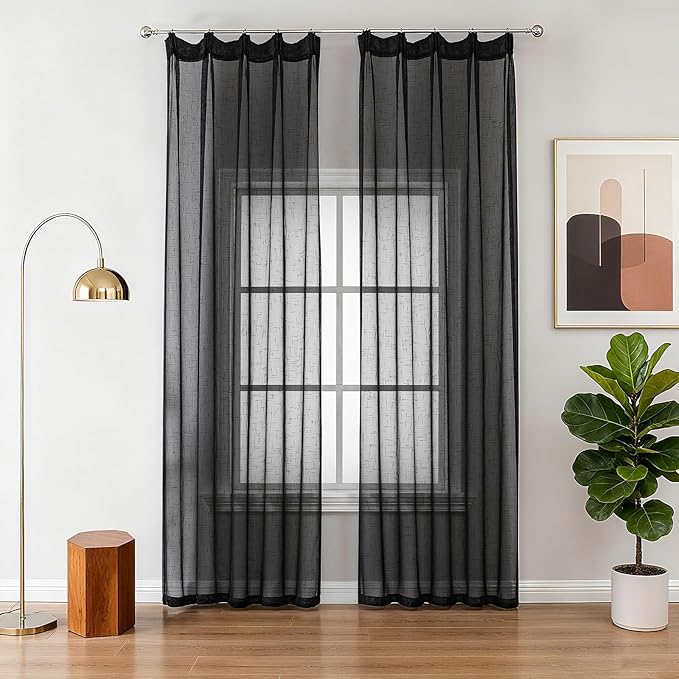 Black Linen Look Sheer Curtains 108 Inches Long 2 Panels, Rustic Textured Light Filtering Drapes, Dark Moody Window Decor, Floor to Ceiling Pinch Pleat Curtain with Hooks