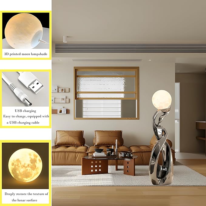 Bofea-Modern Funky Floor Lamp for Living Room,Large Tall Standing Lights with 3D Moon Lamp,Smoked Resin Floor Lamps,Accent Lights,Modern Dancing Girls Statue for Living Room Bedroom Home Decor