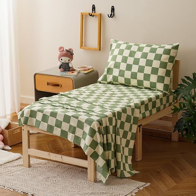 CLOTHKNOW Plaid Toddler Bedding Sets for Boys Grils, 4 Pieces Green White Grid Checkerboard Pattern, Soft Crib Bed Set Including Comforter, Flat Sheet, Fitted Sheet and Pillowcase, Green Beige