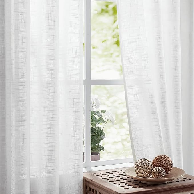 FMFUNCTEX Linen Semi Sheer White Curtains for Bedroom Living Room, Curtains 96 Inches Long Sheer Linen Textured Window Drapes Farmhouse Light Filtering 2 Panels Rod Pocket