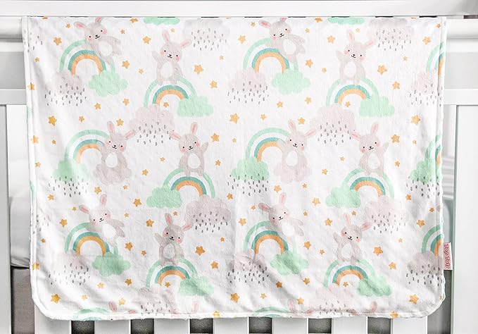 Top Tots Deluxe Minky Baby Blanket - Rabbits on Rainbows, 40 x 29 Inch Mint