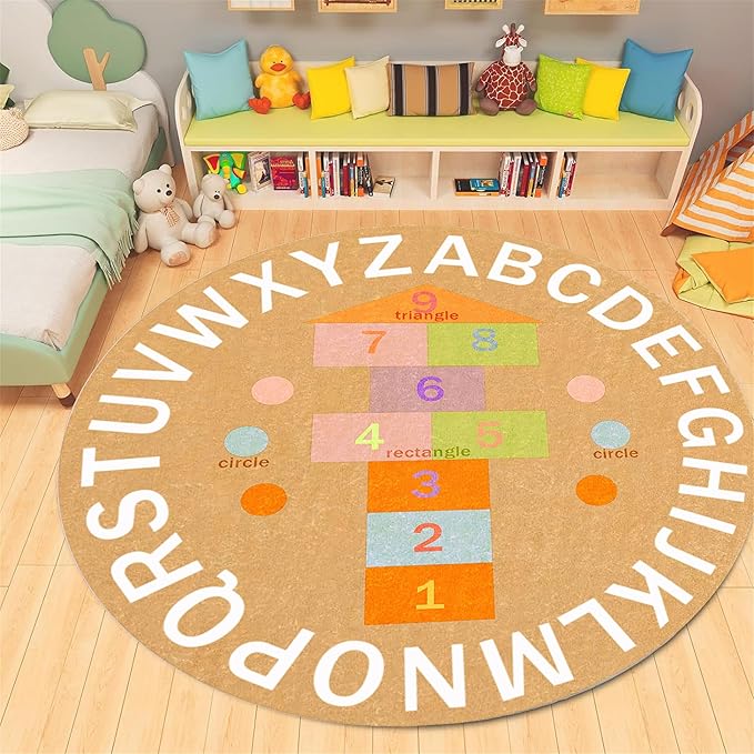 Children's Game Round Rug,5ft,ABC Alphabet Rug, Fun and Educational Hopscotchrug, Soft Non-Slip Children's Room Rug for Classroom, Nursery, Playroom, Playmat