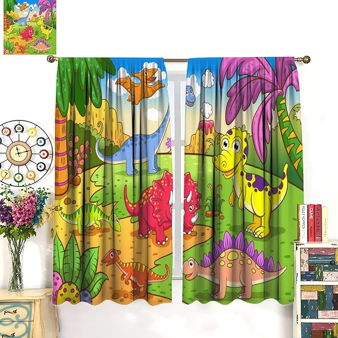 Cute Dinosaur Curtains, Colorful Cartoon Dino Pattern Blackout Window Treatments, Rod Pocket Thermal Insulated Drapes 2 Panel Sets for Kids Bedroom Nursery Classroom, 55" W X 63" L