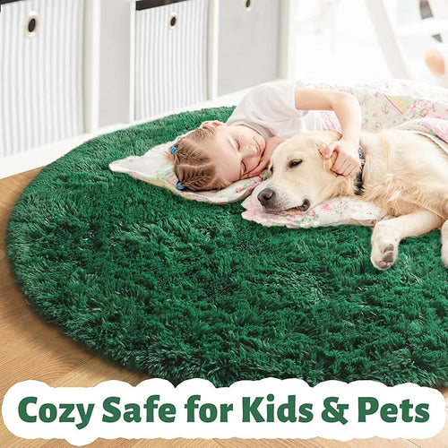 Amdrebio Dark Green Fluffy Round Rugs 5Ft for Bedroom, Thick Floor Circle Rug for Kids, Teens Room Decor, Furry Shag Area Rug for Living Room, Baby Nursery, Dorm, Fuzzy Plush Fur Emerald Green Carpet