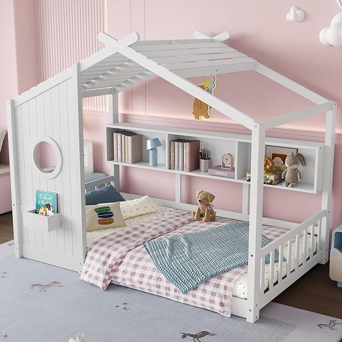 Linique Twin Size Floor Bed Playhouse Design with Storage Shelf, Low Profile Wooden Pitched Roof House Platform Bed Frame,No Box Spring Needed(White)