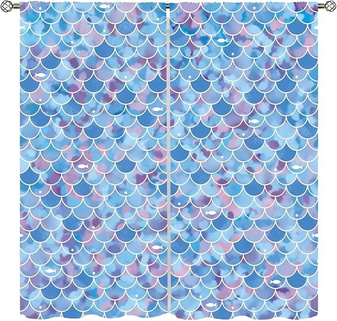 Mermaid Blackout Curtains, Kids Cartoon Blue and Pink Ocean Mermaid Scale Pattern Decoration for Girls Bedroom Nursery Curtains 42x44 Inch
