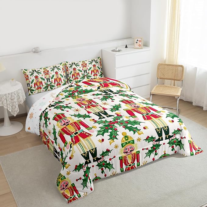Feelyou Merry Christmas Bedding Set Soft for Boys Girls, Nutcracker Comforter Set Toddler Size Holly Leaves Duvet Quilt Microfiber Red Berries Bedroom Decor 2 Pcs with 1 Pillow Cases