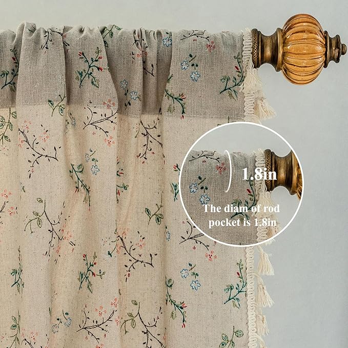 ENJOYBRIDAL Floral Bedroom Curtains 84 Inch Length 2 Panels Set Farmhouse Semi Sheer Living Room Drapes Cotton Linen Blend Bohemian Window Curtain Panels with Tassel Beige Rod Pocket Drapes