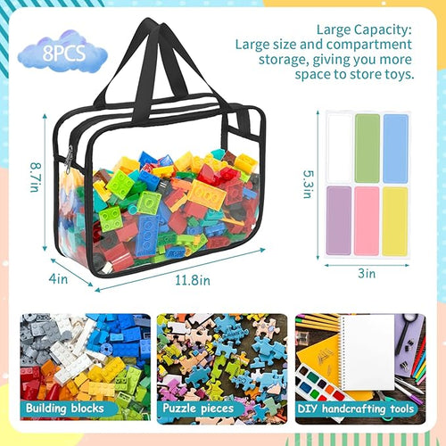 8 Packs Large Toy Storage Bags with Zipper and Labels, Clear PVC Waterproof Toy Organizers Bags for Board Games, Puzzles Pieces, Building Blocks, Handmade Accessories, Kid Books