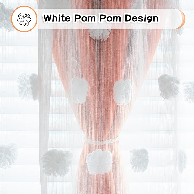 MYSKY HOME Orange Curtains for Bedroom 54 Inch Long Double Layer Curtains for Kids Room Kithen White Pom Pom Sheer Nursery Curtains Grommet Room Darkening Small Window Curtains 2 Panels 52" x 54"