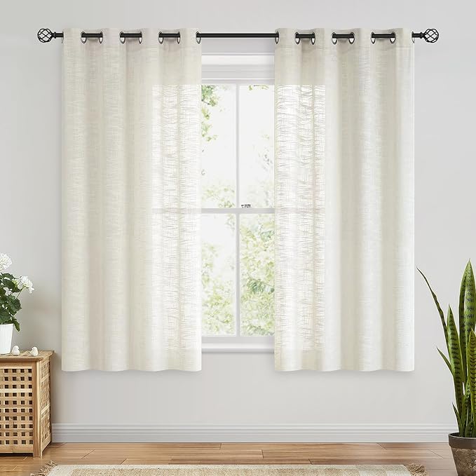 FMFUNCTEX Linen Semi Sheer Curtains for Bedroom, Natural Curtains 54 Inch Length for Living Room, Country Farmhouse Sheer Short Drapes, Light Filtering Window Curtain, Grommet Top 2 Panels