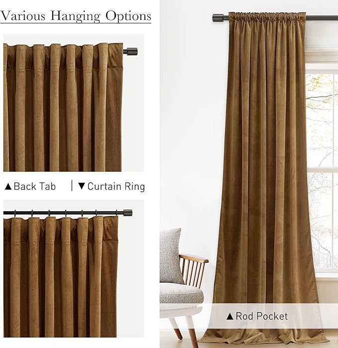 StangH Gold Velvet Curtains 102 inches Blackout Living Room Window Treatment Gold Brown Back Tab Luxury Home Decoration for Bedroom/Home Theater/Backdrops, W52 x L102, 2 Panels