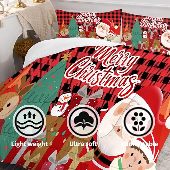 Christmas Comforter Set King Size Plaid Bedding Sets for Kids Boys Girls Bedroom Xmas Gift Christmas Festival Winter Quilt Set,1 Comforter + 2 Pillow Cases