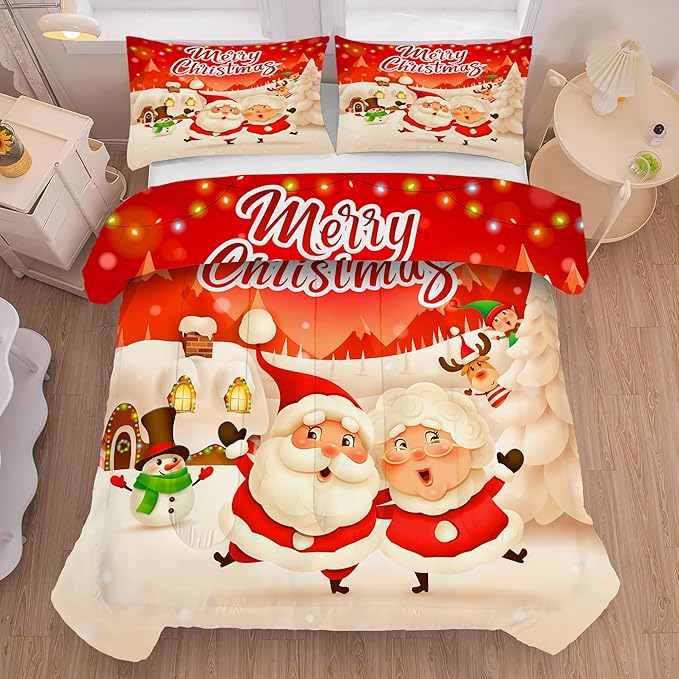 Christmas Comforter Set Full Size Red Plaid Bedding Sets Xmas Gift Christmas Themed Festival Winter Snow Quilt Set,1 Comforter + 2 Pillow Cases