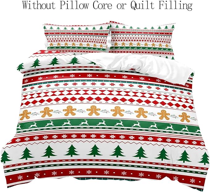 LUVIVIHOME 3PCS Christmas Duvet Cover Queen Bedding Sets, Gingerbread Man Christmas Tree Snowflake Poinsettia Reindeer Winter Holiday Xmas Gifts Red Green White Striped Comforter Cover, 2 Pillow Shams