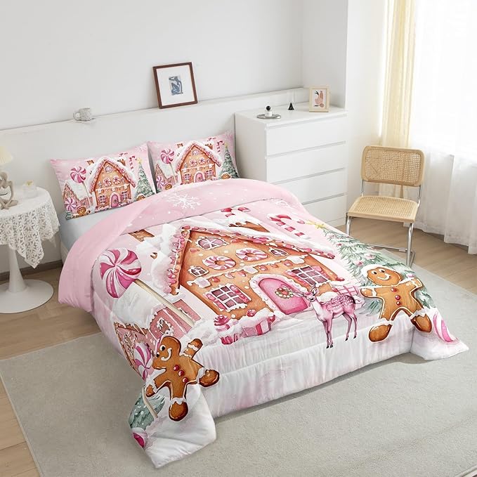 Gingerbread House Kids Comforter Set Full Size,Gingerbread Man Xmas Tree Cabin Deer Bedding Set,Girls Women Room Decor,Christmas Snowflake Down Comforter,Pink Brown Duvet Insert,2 Pillowcases