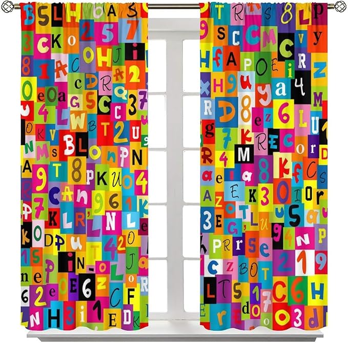 ABC Alphabet Curtains Colorful Art Patchwork Alphabet Graffiti Cartoon Print Curtain with Rod Pocket for Bedroom Living Room Home Decor Drapes Window Treatments 2 Panels Set 63" W X 72" L