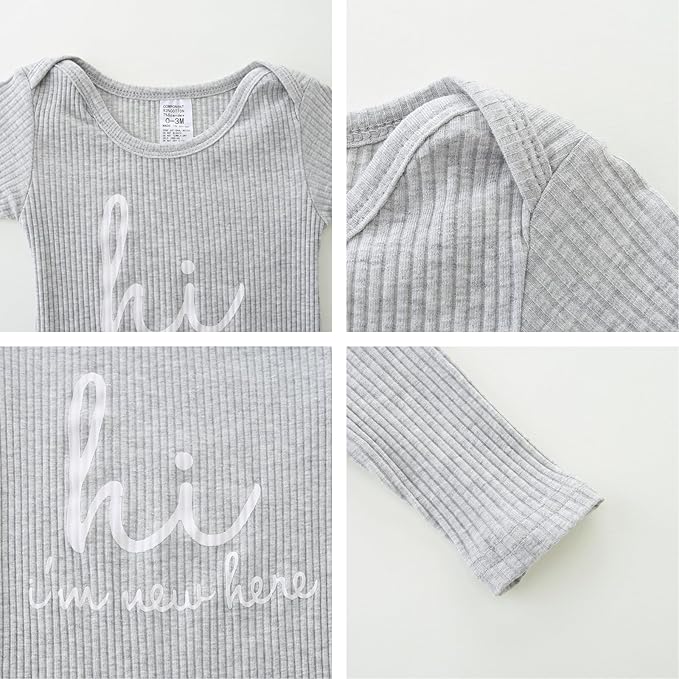 Baby Romper with Baby Mittens & Newborn Hats Footless Long Sleeve Solid Onesie Hi Im New Here