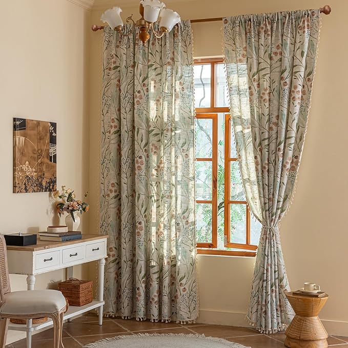ENJOYBRIDAL Floral Curtains 63 Inch Long Bedroom Decor Drapes Short Semi Sheer Rod Pocket Living Room Window Curtain Panels Light Filtering Boho 4 Panels Tassel Vintage Window Treatments
