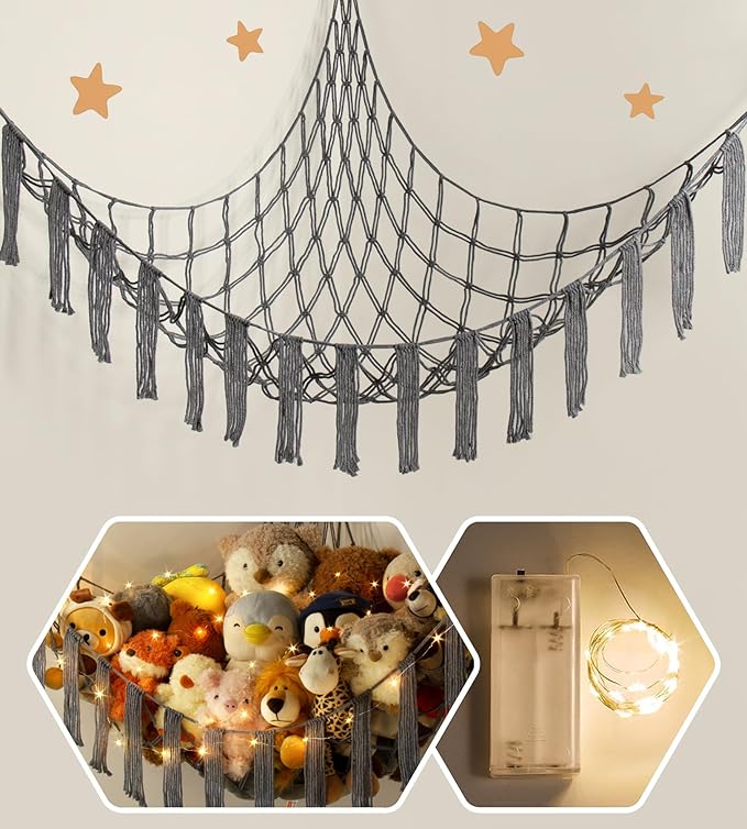 Stuffed Animal Hammock Corner Storage with LED Light - Toy Hammock Large Plushie Net - Stuffed Animal Holder Hanging Organizer - Teddy Bear Hammocks Room Decorations Preppy Toddler Kids Room Decor