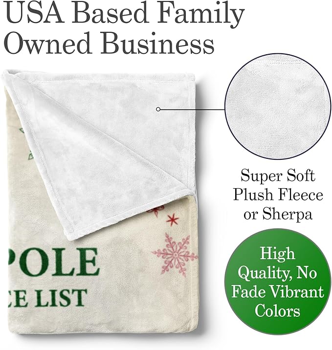 Personalized Christmas Blanket, Santa’s Nice List - Ships Next Day, Printed in USA - Warm Fleece or Sherpa Sofa Throw, Cute Holiday Décor - Customizable Family Throws (Fleece 50x60)