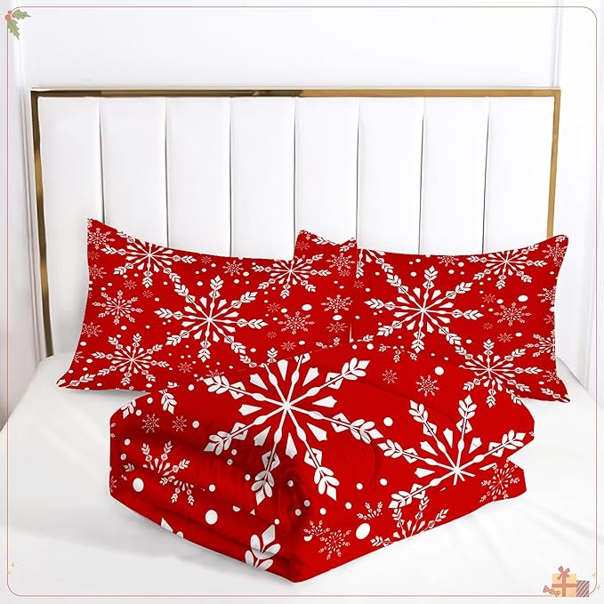 Christmas Comforter Set Queen: Christmas Snowflakes Red Bedding Sets for Teen Girls Women Bedroom Xmas Festival Quilt Winter Snow Duvet Bed Set 1 Comforter & 2 Pillowcases