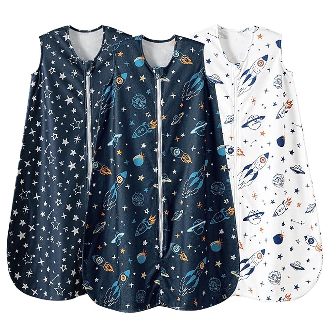david's kids 3 Pack Warm Micro Fleece Baby Sleep Sack 12-18 Months, Soft Baby Wearable Blankets with 2-Way Zipper, Comfy Winter Sleeping Bags for Toddler Boys Girls Neutral, Large Size, Space
