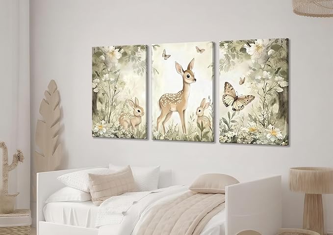 3Pcs Woodland Animal Nursery Canvas Wall Art Cute Forest Animal Wall Decor Pictures Deer and Butterfly Wildflowers Posters Prints for Nursery Bedroom Kids Room Home Decoration Prepare to Hang 16x24in