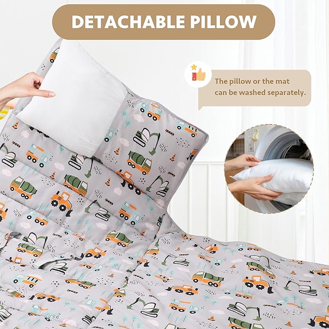 Toddler Nap Mat with Detachable Pillow & Blanket - Soft Plush Minky Fleece Kids Sleeping Bag for Daycare, Preschool & Travel - Portable Roll-Up Design with Carry Handle - Boys Girls Ages 3+
