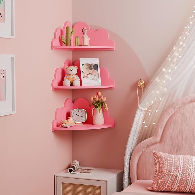 Cloud Floating Corner Shelves - Set of 3 Cloud Corner Wall Shelves for Kid’s Room, Corner Shelf Nursery Wall Deor, Small Cute Cloud Dispaly Shelf Wall Mounted for Toys, Plants & Storage,Pink.
