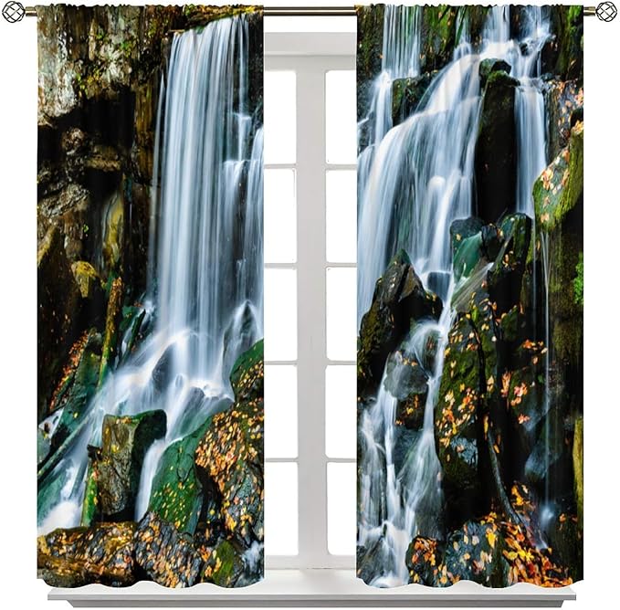 Waterfall Blackout Window Curtains, Forest Nature Landscape Theme Pattern Print Window Drapes, for Living Room Bedroom 42" W X 63" L