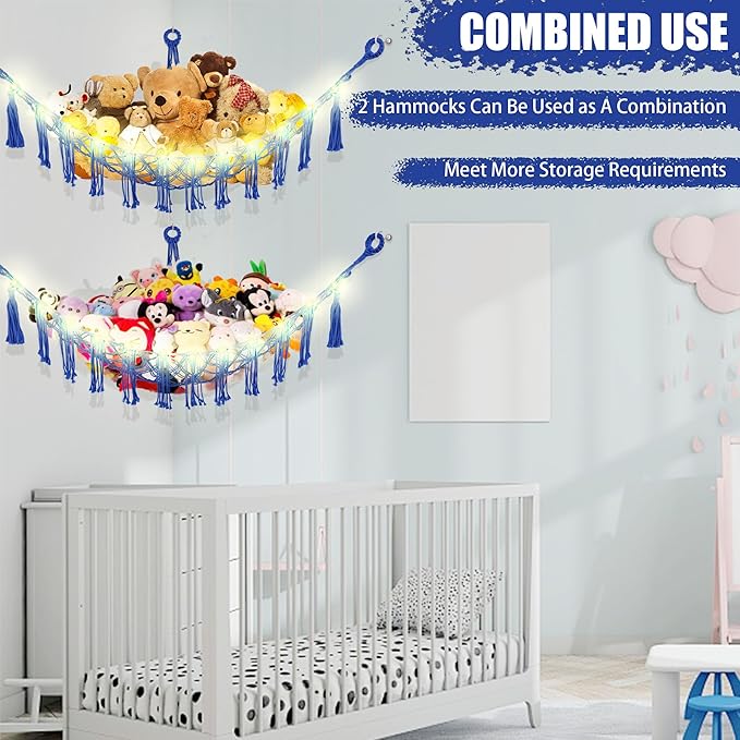 Stuffed Animal Hammock with LED Light, Large Stuffed Animals Storage Corner Plushie Net for Kids Room Decor, 2 Packs Royal Blue