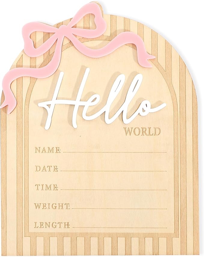 Bow Hello World Wooden Board - Hospital Newborn Information Record,Birth Milestone Bulletin Board Photo Props,Sweet Pink Bow Nursery Decorations,Little Princess Hello World Announcement Sign